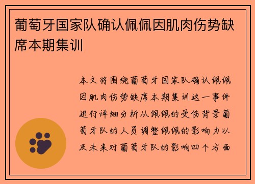 葡萄牙国家队确认佩佩因肌肉伤势缺席本期集训