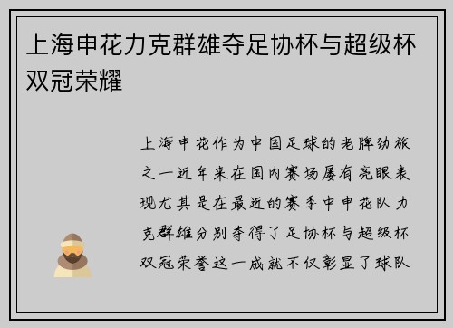 上海申花力克群雄夺足协杯与超级杯双冠荣耀